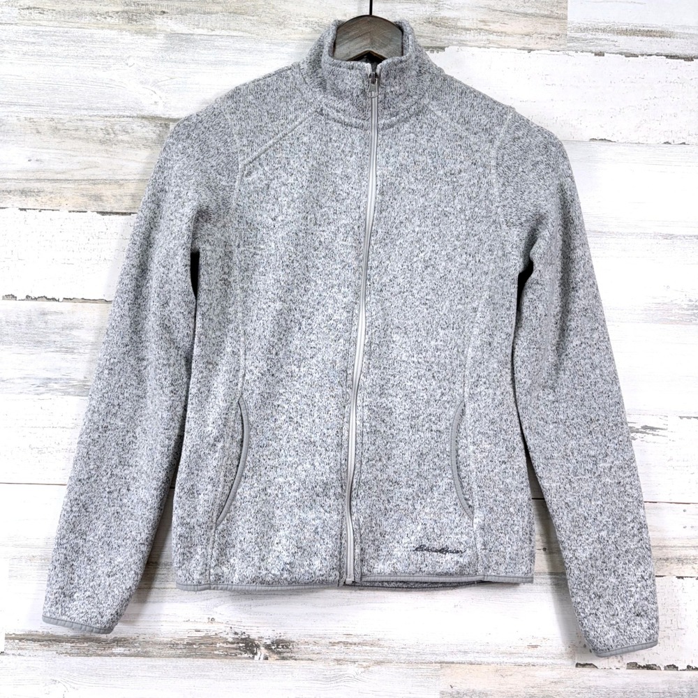 Eddie Bauer Full Zip Fleece Jacket Women XS Gray Sweater Mock Neck Granola